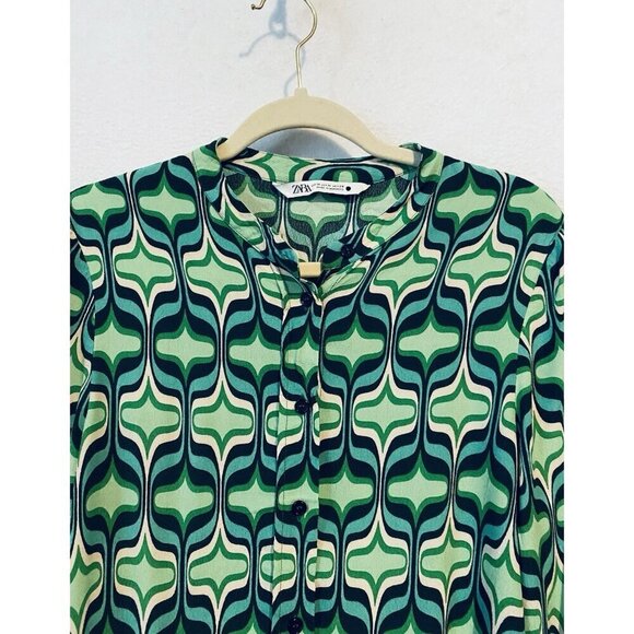 Zara Top Womens Medium Green Artsy Geometric Button Up Crinkle Gauze Boho Retro - Picture 3 of 7